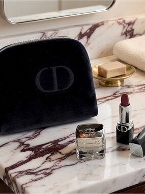 Dior Navy Velvet Beauty Pouch | Dior Prestige La Crème | Rouge Dior Lipstick